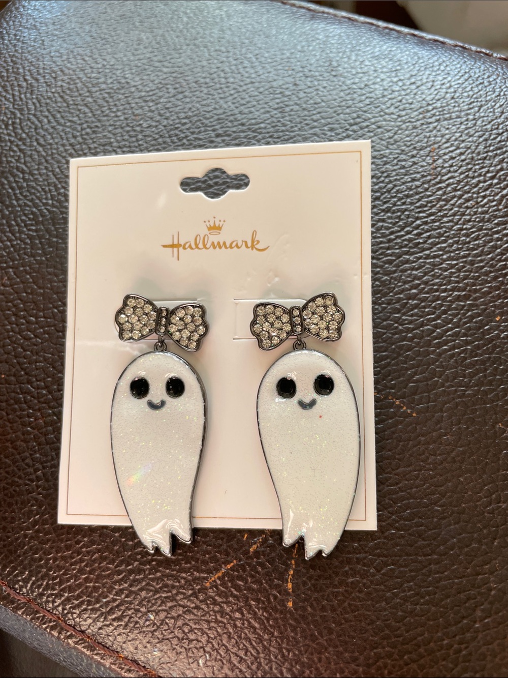 Hallmark White Glitter Ghost Earrings with Rhinestone Bows